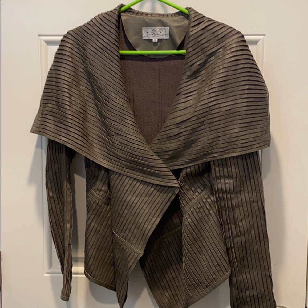 555 Los Angeles Striped leather olive gray jacket